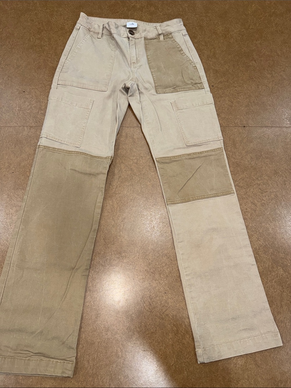 CAbi Women's Two-Tone Patchwork Boot Cut Cargo Pants - Beige & Tan *Like NEW